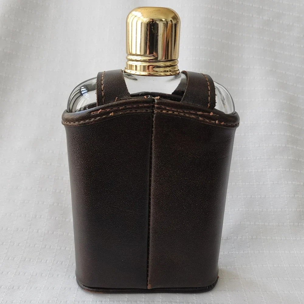 Vintage Ribbed Glass Hip Flask‎ with Two Tone Faux Leather Snap Sleeve Gold Cap